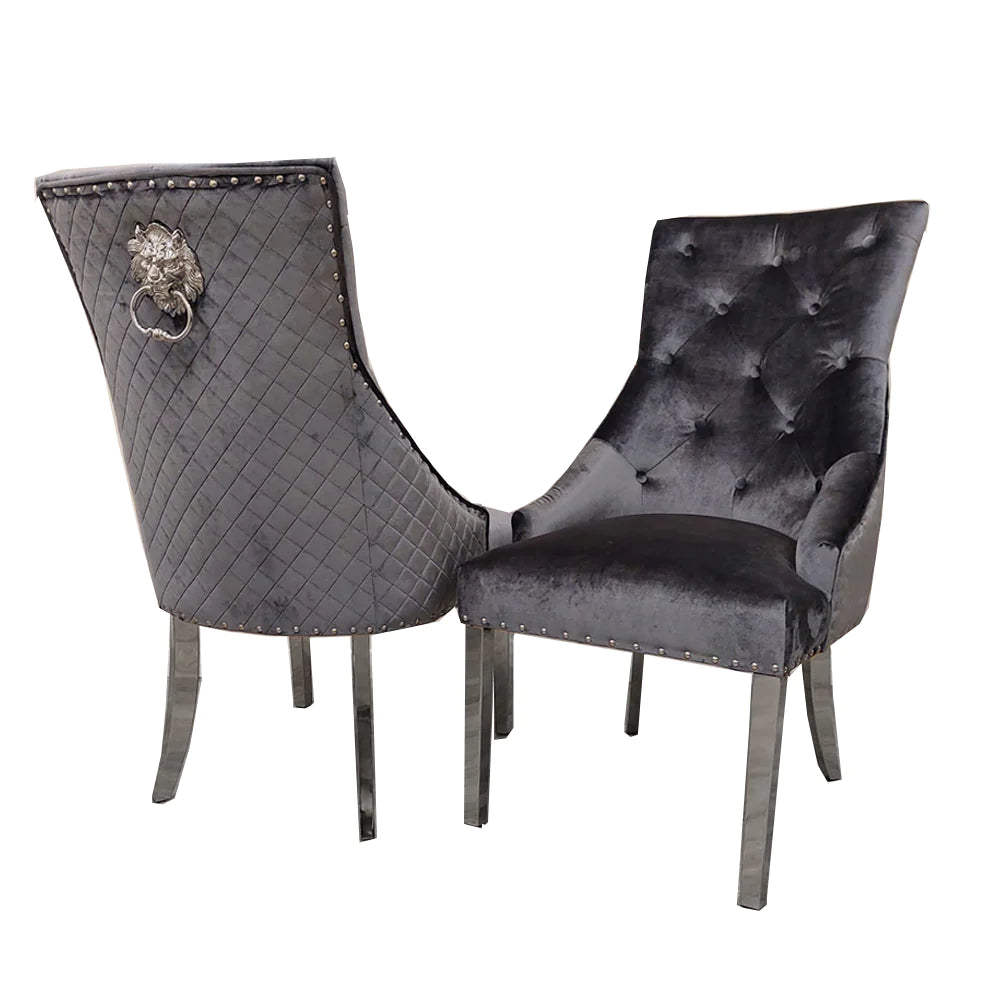 Arianna Grey Marble Dining Table with Valentino Lion Knocker Velvet Chairs – 150cm, 180cm & 200cm Luxury Dining Set