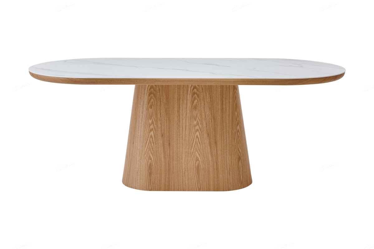 Bianca 200cm Oval Beech & White Ceramic Marble Dining Table