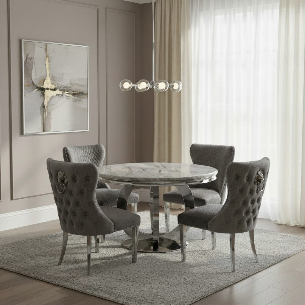Bologna 130cm Grey Marble Round Dining Table with Set of Lewis Grey Lion Knocker Button Dining Chairs