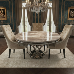 Bologna 130cm Round Mixed Brown Marble Dining Table with Mink Plain Back Ring Knocker Velvet Dining Chairs