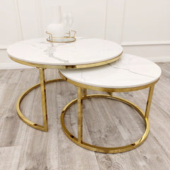 Cato Nest of 2 Short Round Coffee Gold Tables with Polar White Sintered Stone Tops