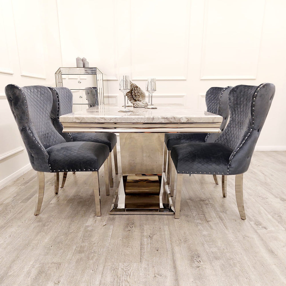 Arial 150cm Grey Marble Dining Table + Valentino Button Back Lion Knocker Velvet Chairs