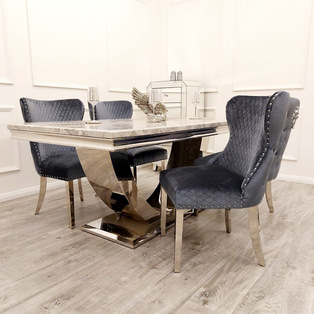 Arial 150cm Grey Marble Dining Table + Valentino Button Back Lion Knocker Velvet Chairs