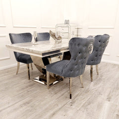 Ariel 180cm Grey Marble Dining Table + Valentino Button Back Lion Knocker Velvet Chairs