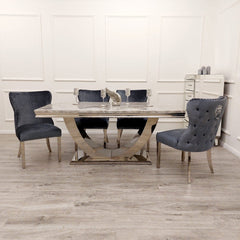 Arial 150cm Grey Marble Dining Table + Valentino Button Back Lion Knocker Velvet Chairs