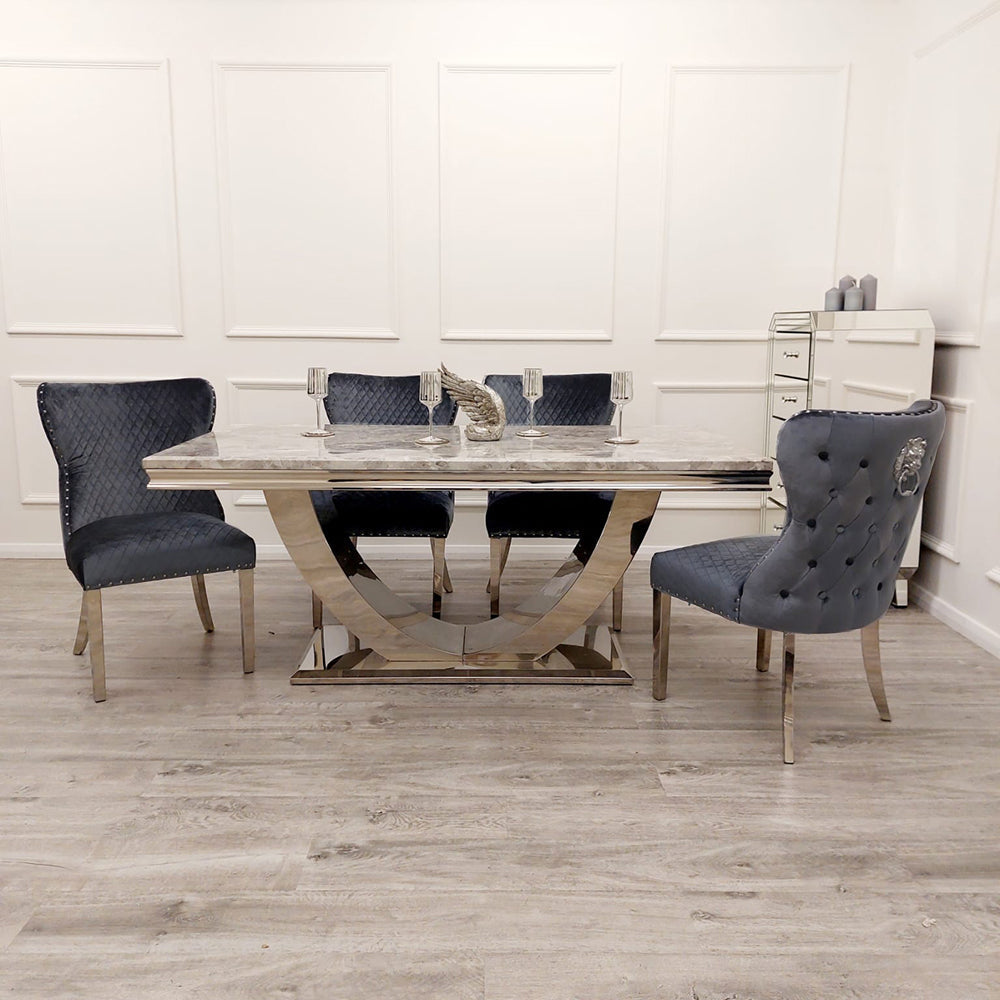 Ariel 180cm Grey Marble Dining Table + Valentino Button Back Lion Knocker Velvet Chairs