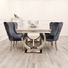 Arianna 150cm Grey Marble Dining Table + Valentino Button Back Lion Knocker Velvet Chairs