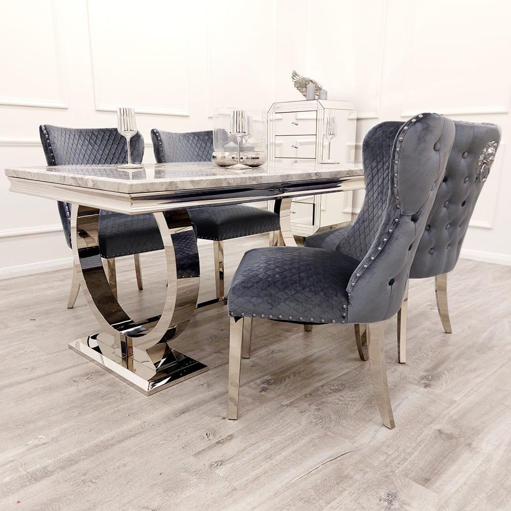 Arianna 150cm Grey Marble Dining Table + Valentino Button Back Lion Knocker Velvet Chairs