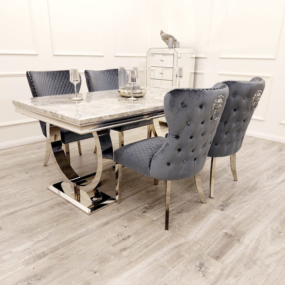 Arianna 150cm Grey Marble Dining Table + Valentino Button Back Lion Knocker Velvet Chairs