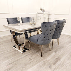 Arianna 150cm Grey Marble Dining Table + Valentino Button Back Lion Knocker Velvet Chairs