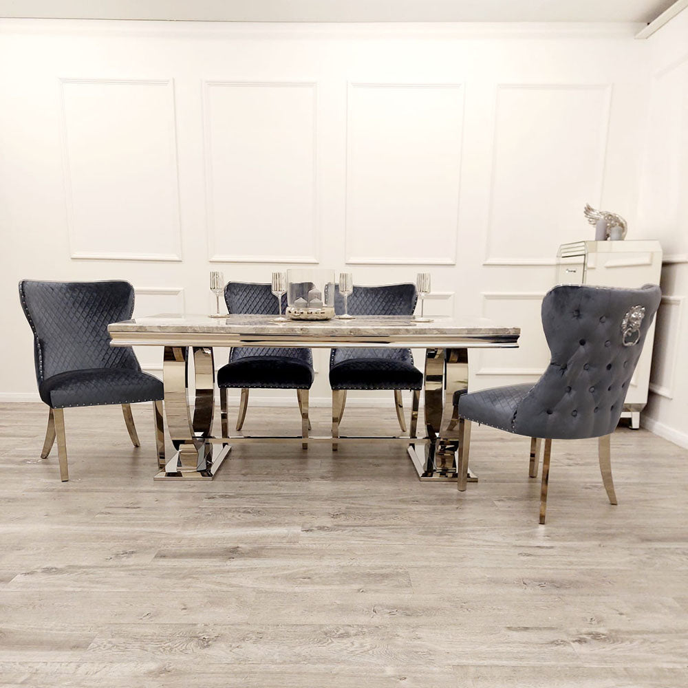 Arianna 150cm Grey Marble Dining Table + Valentino Button Back Lion Knocker Velvet Chairs