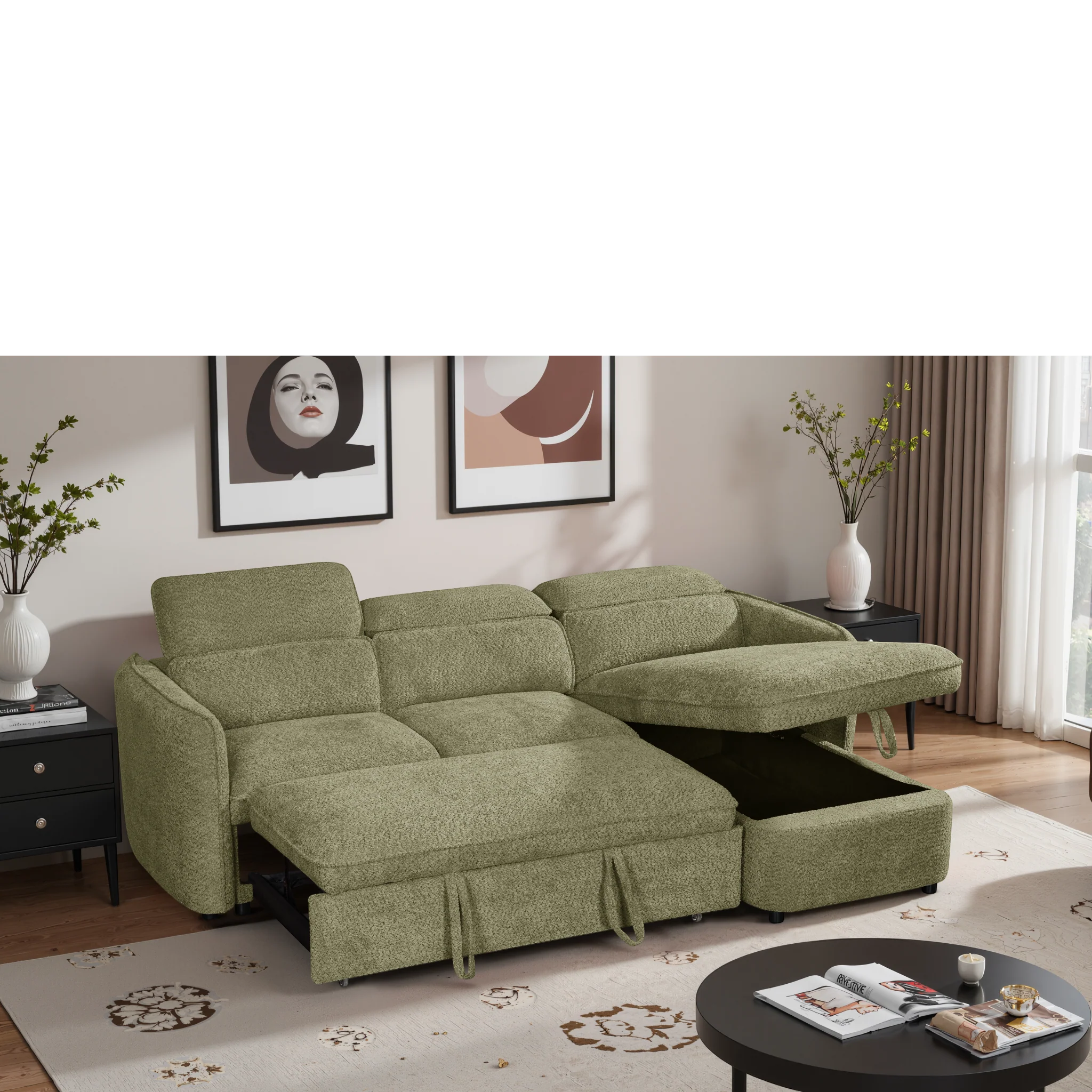 Capri Green L-Shape Corner Sofa Bed
