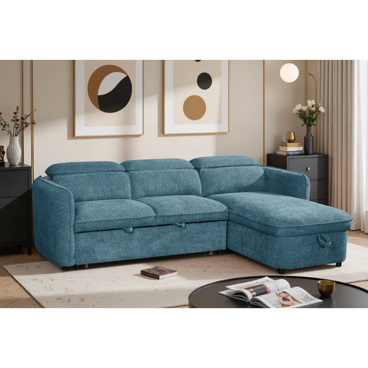 Capri Blue L-Shape Corner Sofa Bed