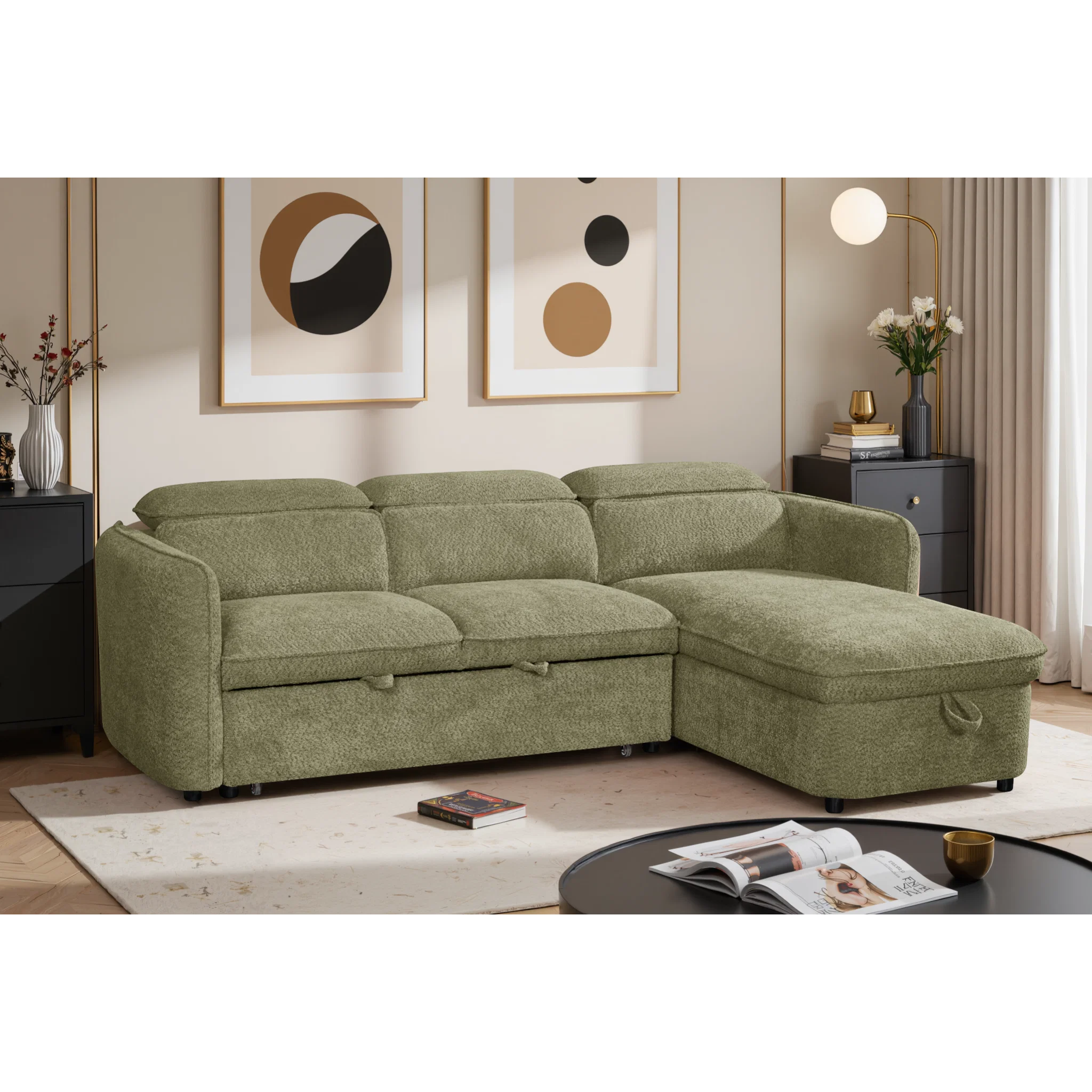 Capri L-Shape Corner Sofa Bed Beige/Green/Grey/Blue