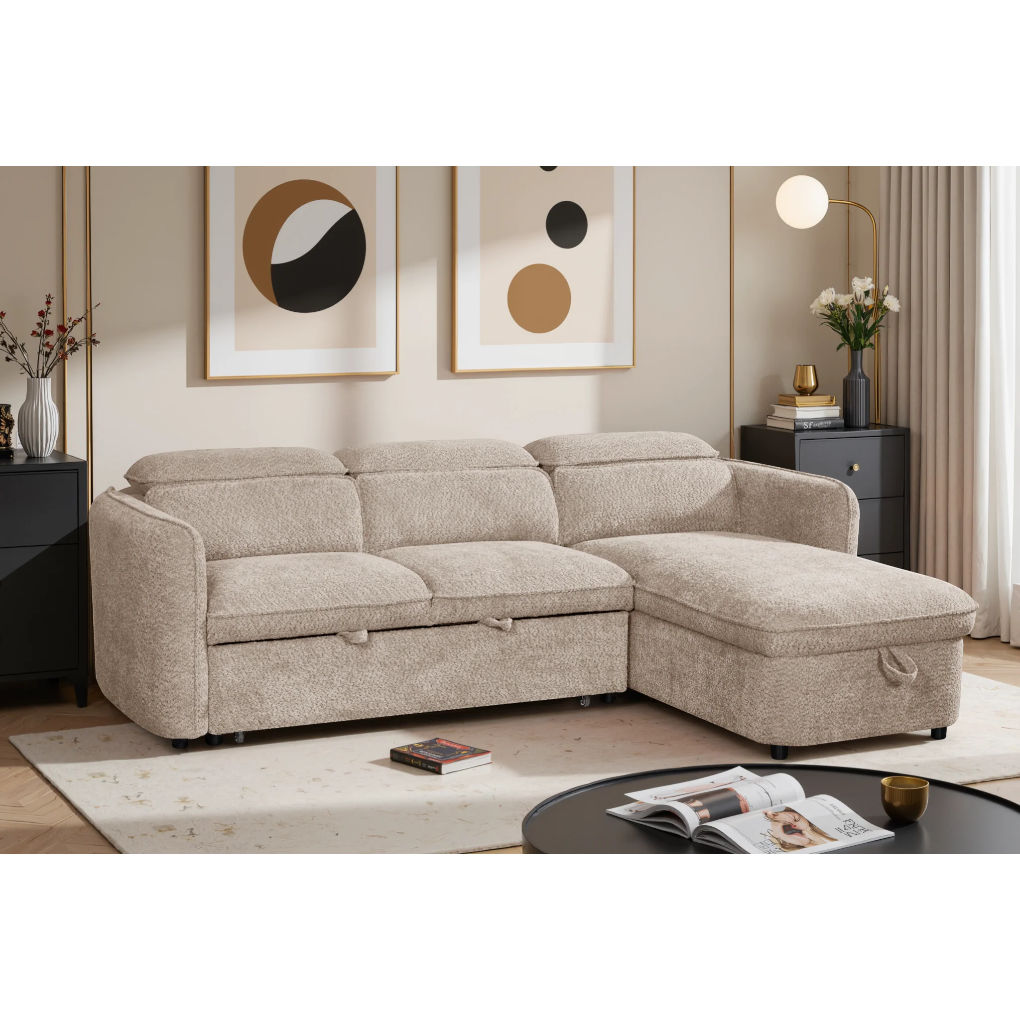 Capri L-Shape Corner Sofa Bed Beige/Green/Grey/Blue