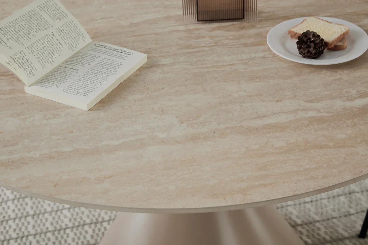 Casa 120cm Cappucino Round Table - Cappuccino & Travertine