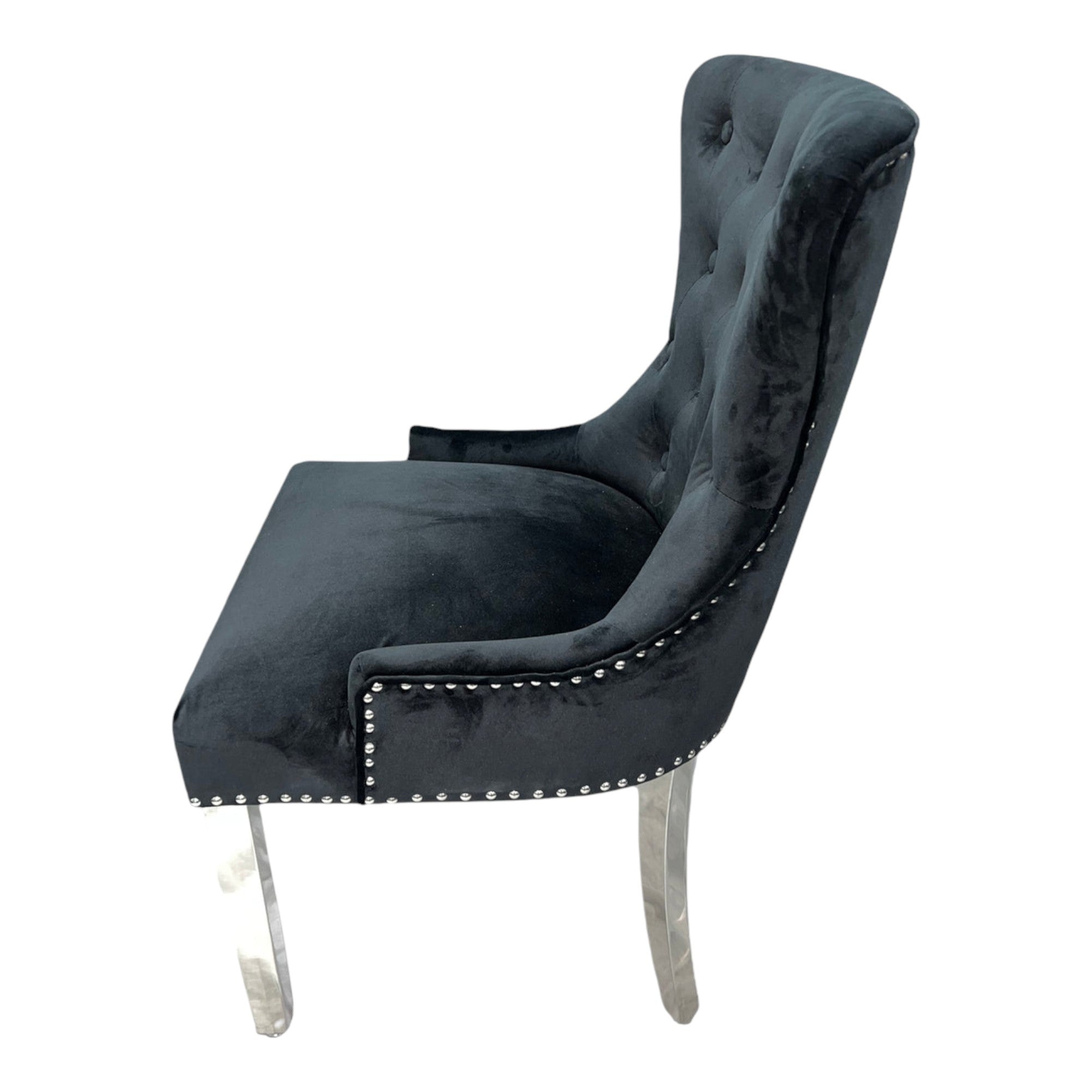 Ariel Black Marble Dining Table with Megan Lion Knocker Plain Back Velvet Dining Chairs
