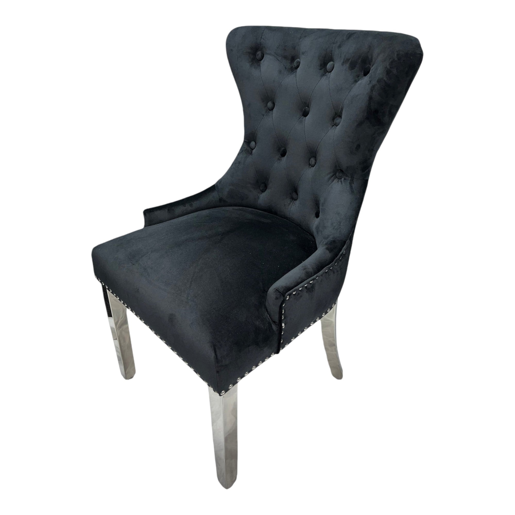 Ariel Black Marble Dining Table with Megan Lion Knocker Plain Back Velvet Dining Chairs