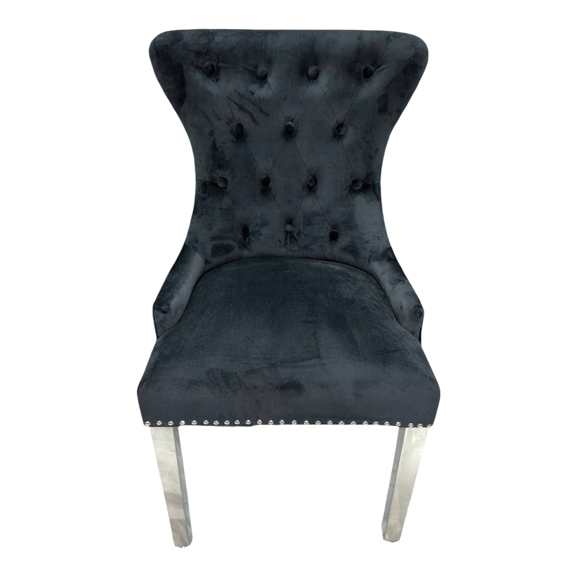 Ariel Black Marble Dining Table with Megan Lion Knocker Plain Back Velvet Dining Chairs