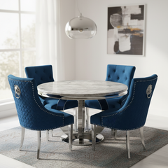 Chelsea 130cm Marble Round Dining Table + Blue Lion Knocker Chairs
