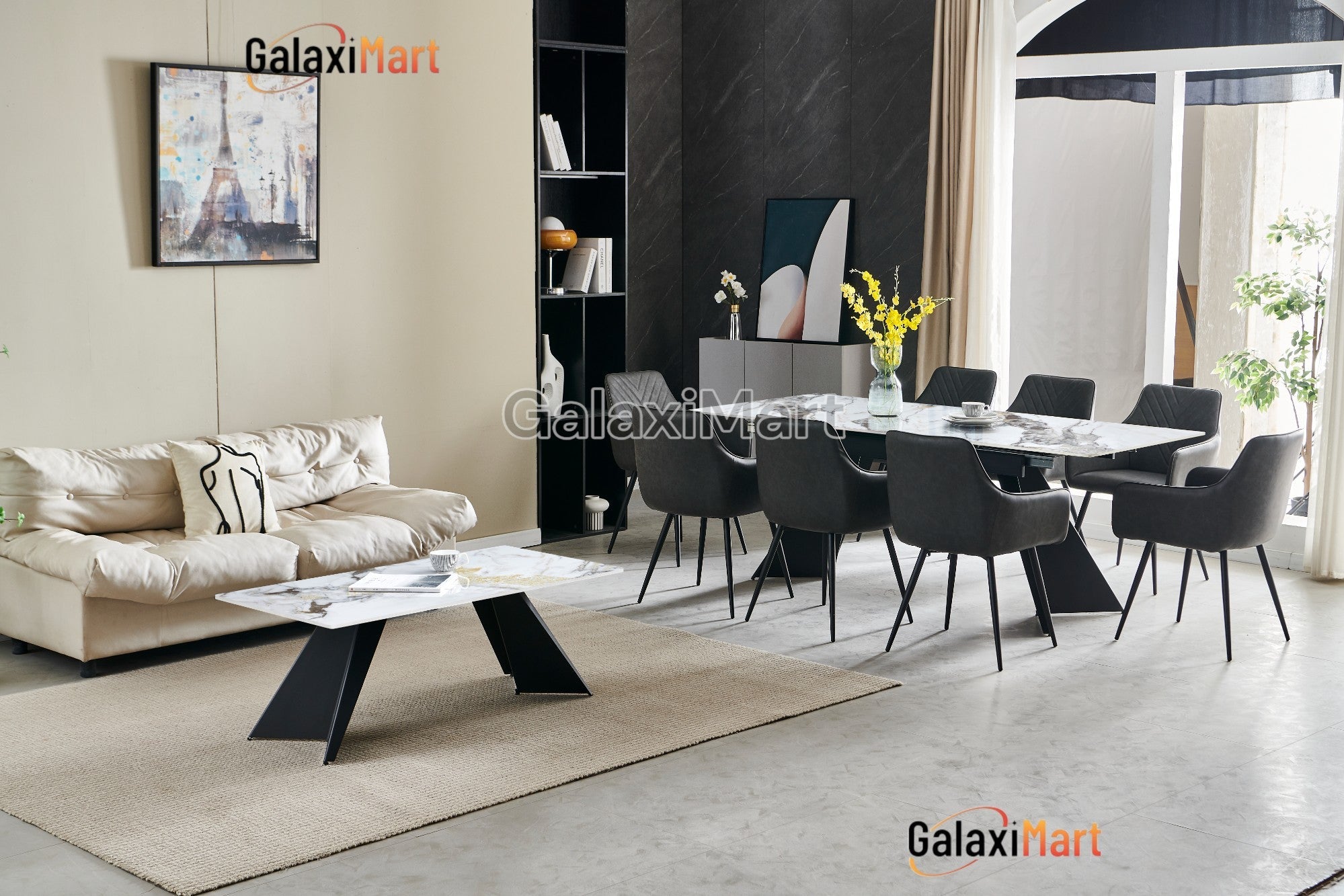 Chicago 160cm-200cm Black & Gold Extendable Dining Table with PU Leather Dark Grey Dining Chairs