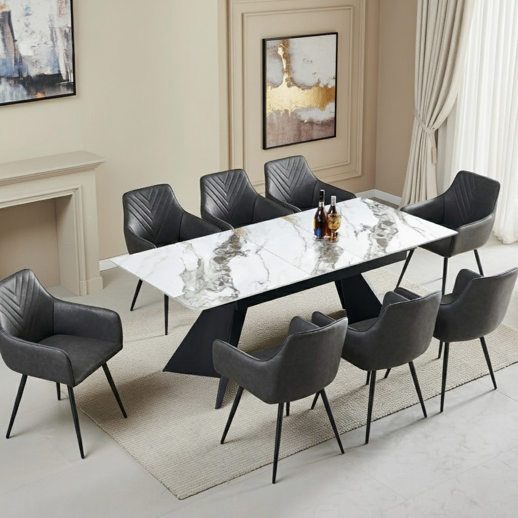 Chicago 160cm-200cm Black & Gold Extendable Dining Table with PU Leather Dark Grey Dining Chairs