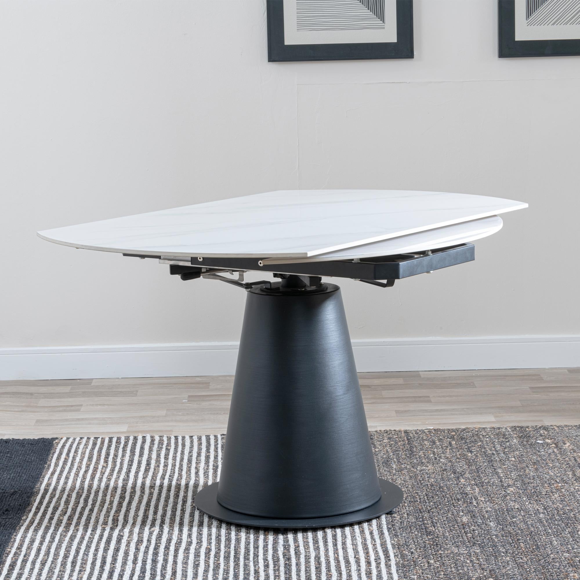 Clara 135cm White Sintered Stone Round Extendable Dining Table - Black Pedestal Base