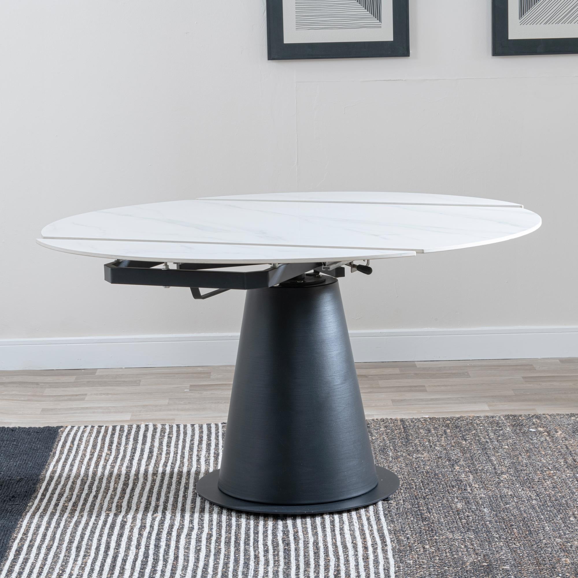 Clara 135cm White Sintered Stone Round Extendable Dining Table - Black Pedestal Base