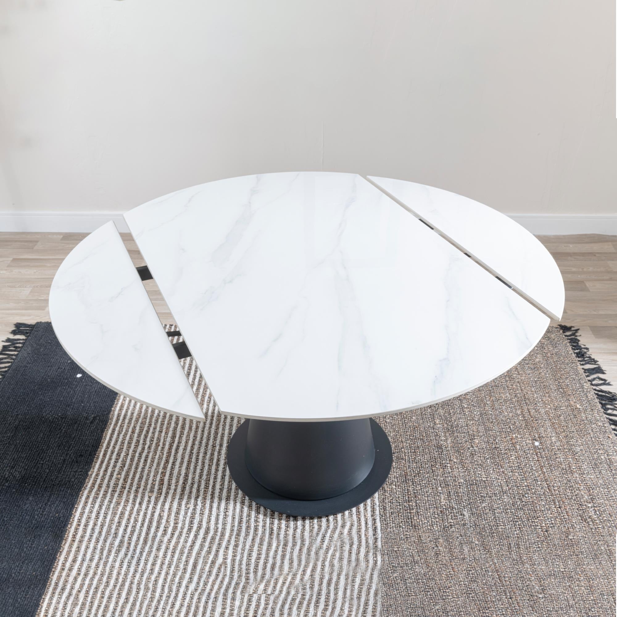 Clara 135cm White Sintered Stone Round Extendable Dining Table - Black Pedestal Base