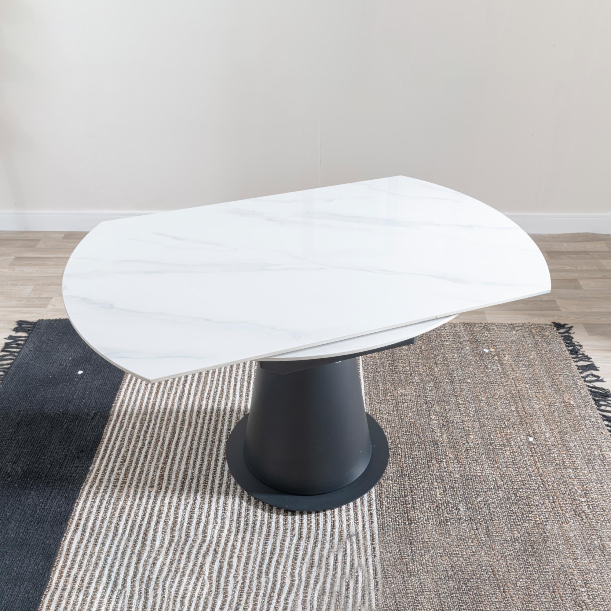 Clara 135cm White Sintered Stone Round Extendable Dining Table - Black Pedestal Base