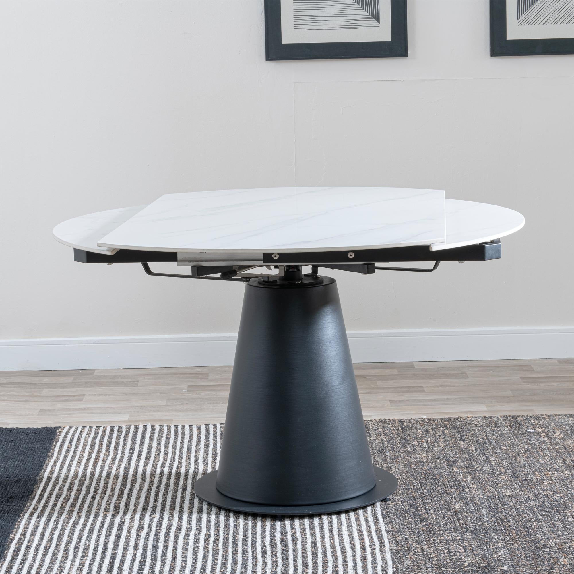 Clara 135cm White Sintered Stone Round Extendable Dining Table - Black Pedestal Base