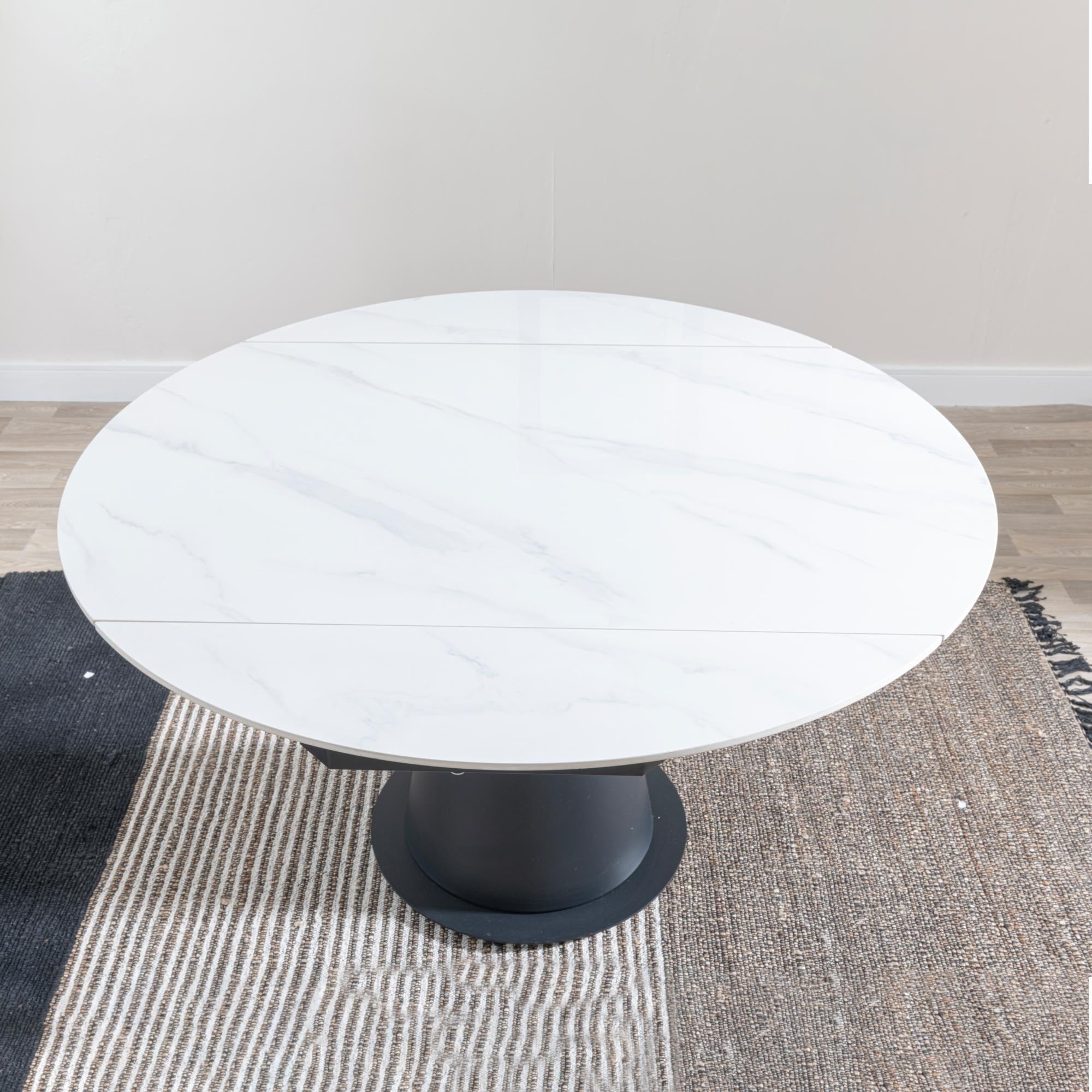 Clara 135cm White Sintered Stone Round Extendable Dining Table - Black Pedestal Base