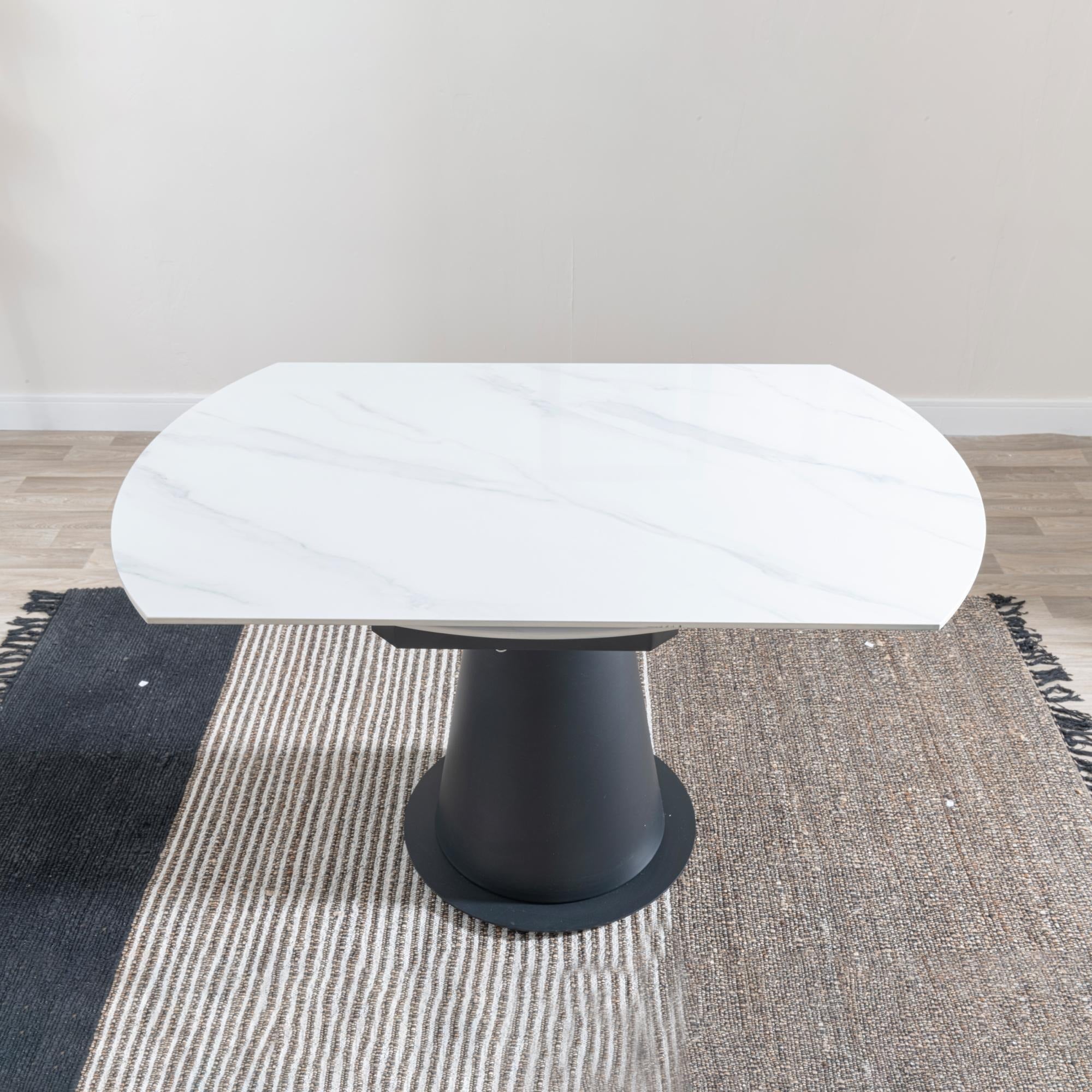 Clara 135cm White Sintered Stone Round Extendable Dining Table - Black Pedestal Base