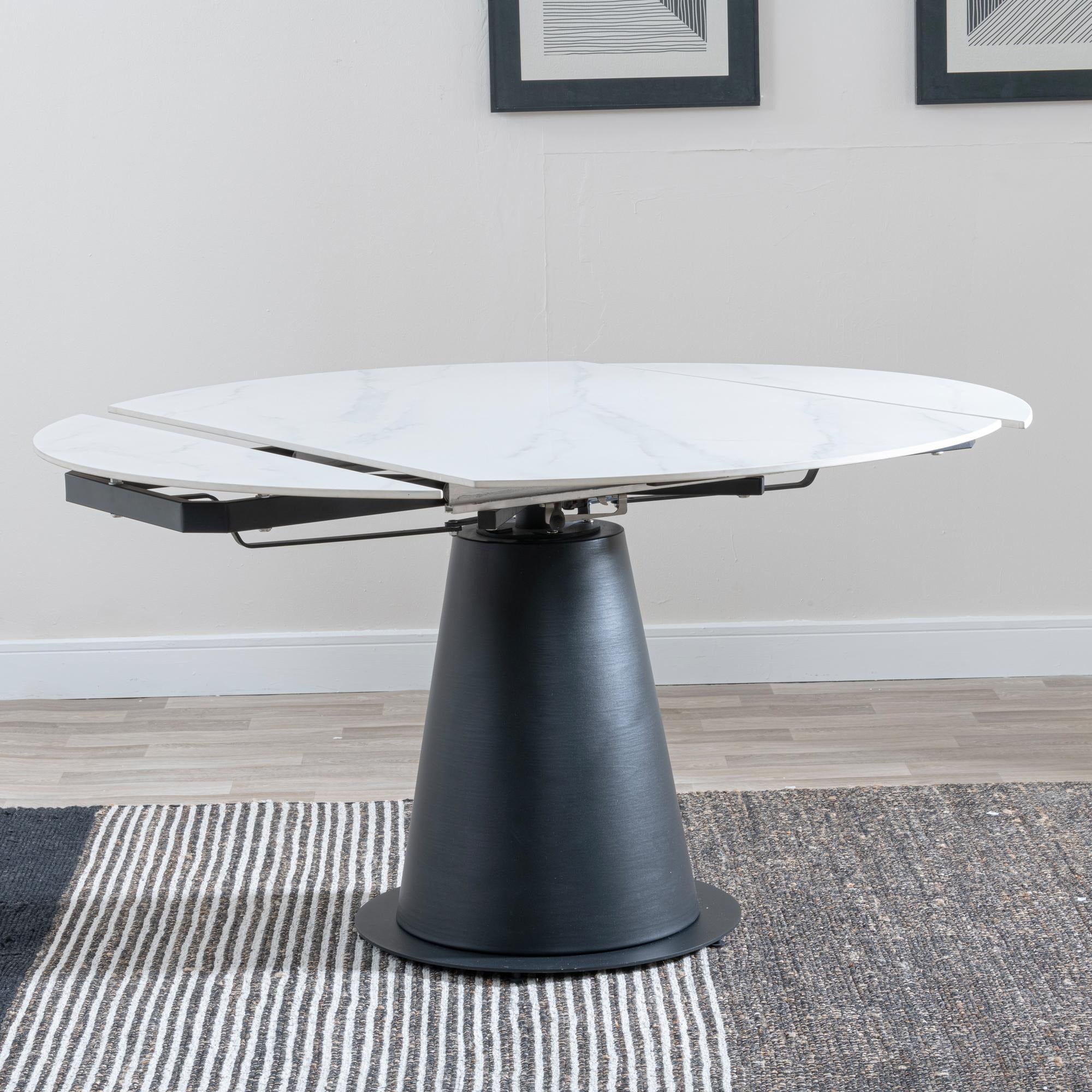 Clara 135cm White Sintered Stone Round Extendable Dining Table - Black Pedestal Base