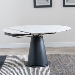 Clara 135cm White Sintered Stone Round Extendable Dining Table - Black Pedestal Base
