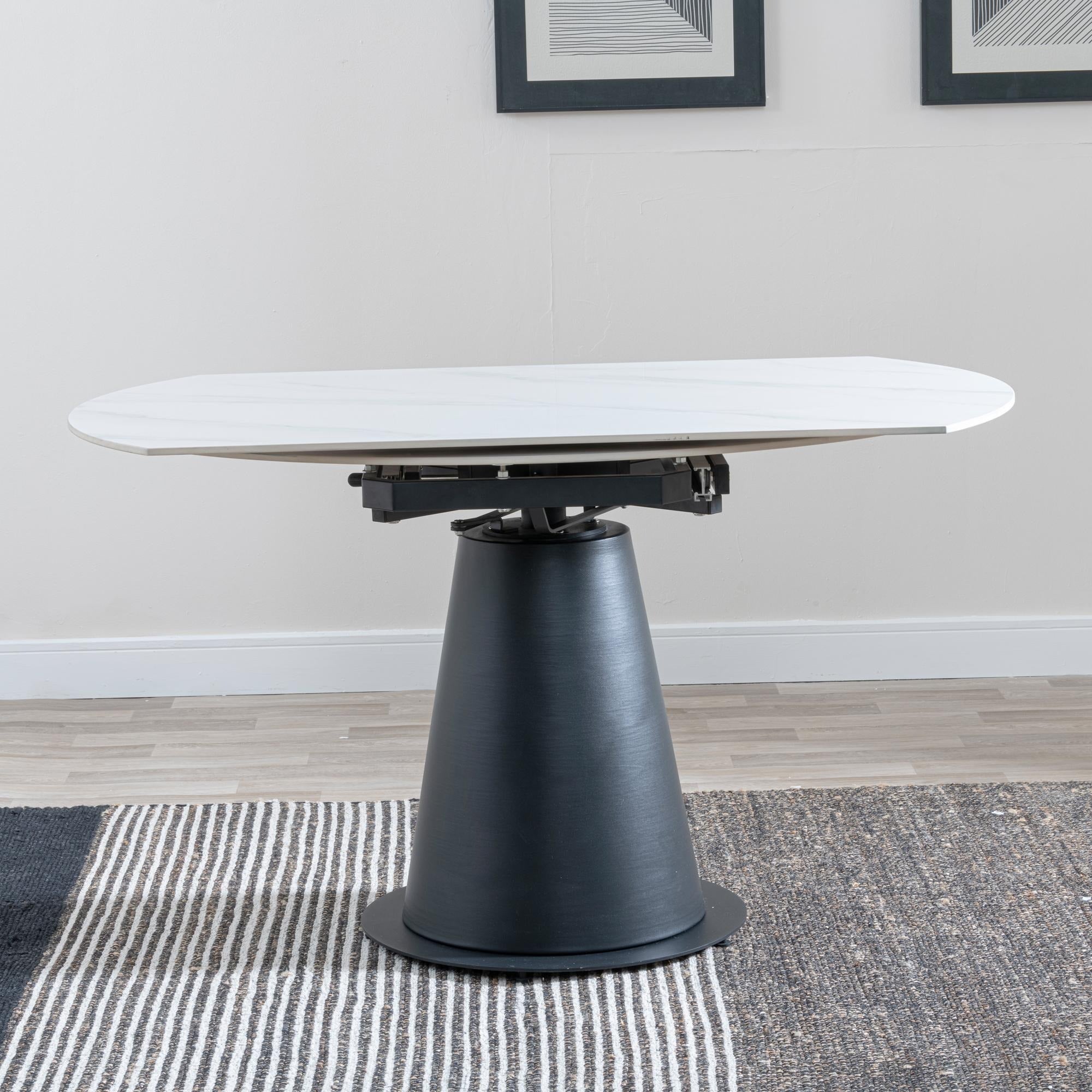 Clara 135cm White Sintered Stone Round Extendable Dining Table - Black Pedestal Base