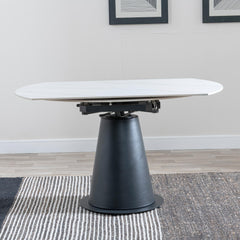 Clara 135cm White Sintered Stone Round Extendable Dining Table - Black Pedestal Base