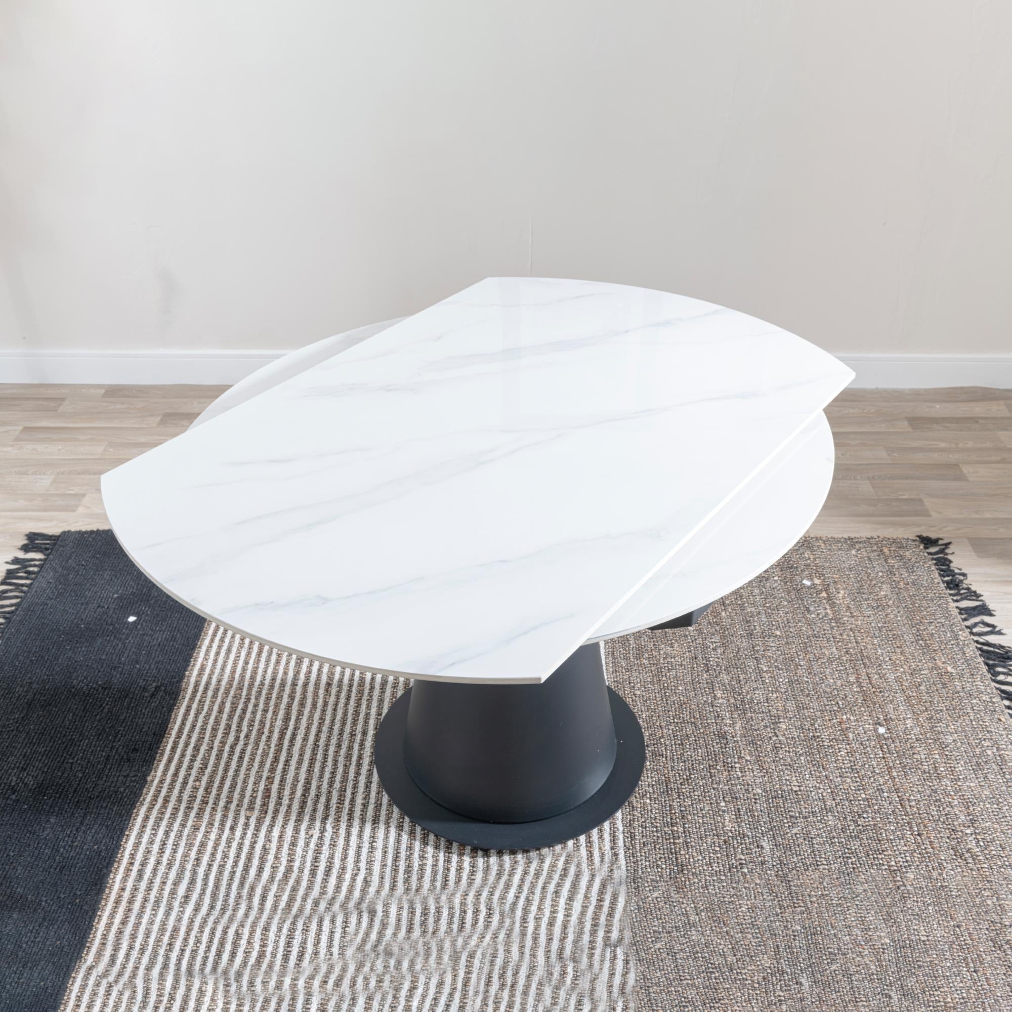 Clara 135cm White Sintered Stone Round Extendable Dining Table - Black Pedestal Base