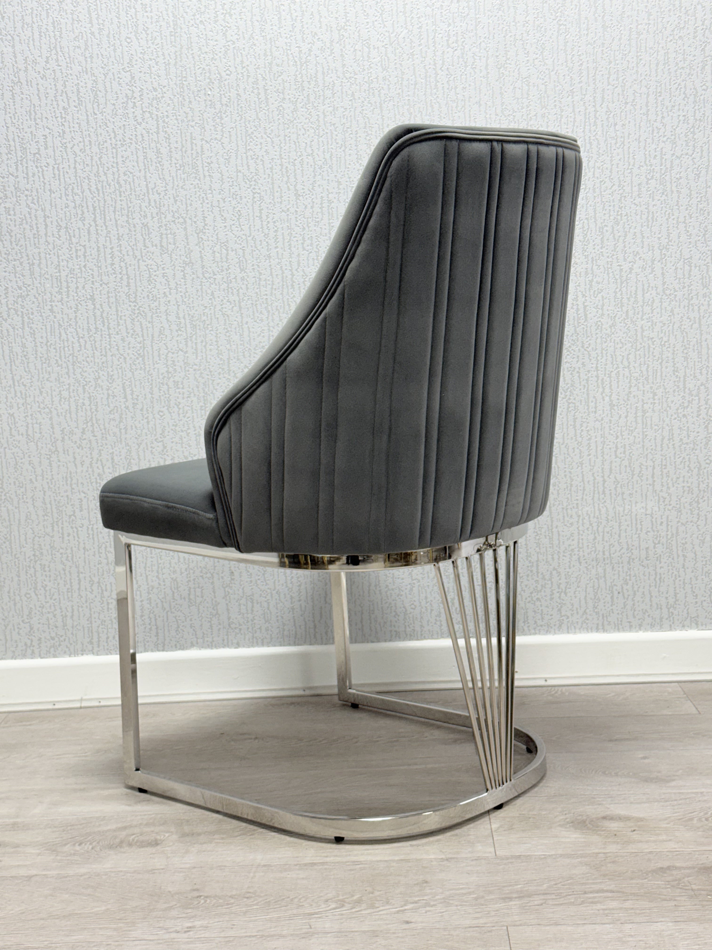 Ariana Grey Marble Dining Table & 4-8 Velvet Ribbed Back Dining Chairs – Premium Chrome Legs