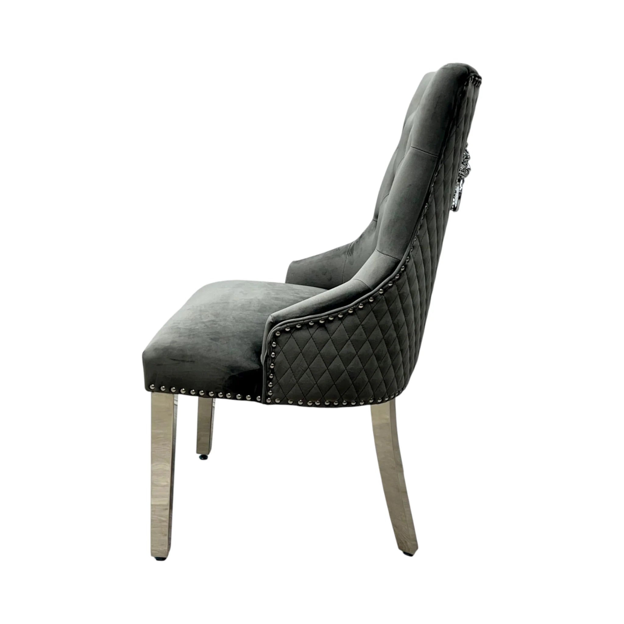 2 x Velvet Lion Knocker Dining Chairs | Luxury Quilted Design
