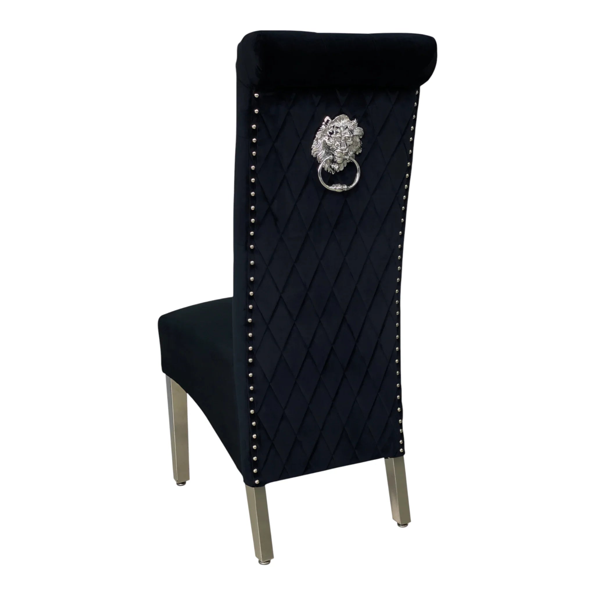 Ariel Luxury Marble Dining Table with High Back Velvet Lion Knocker Chairs | Chrome Legs | GalaxiMart