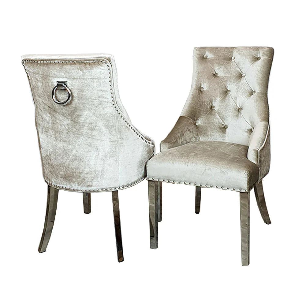 Arianna 150/180/200cm Grey Marble Dining Table with Darcy Ring Knocker Velvet Dining Chairs