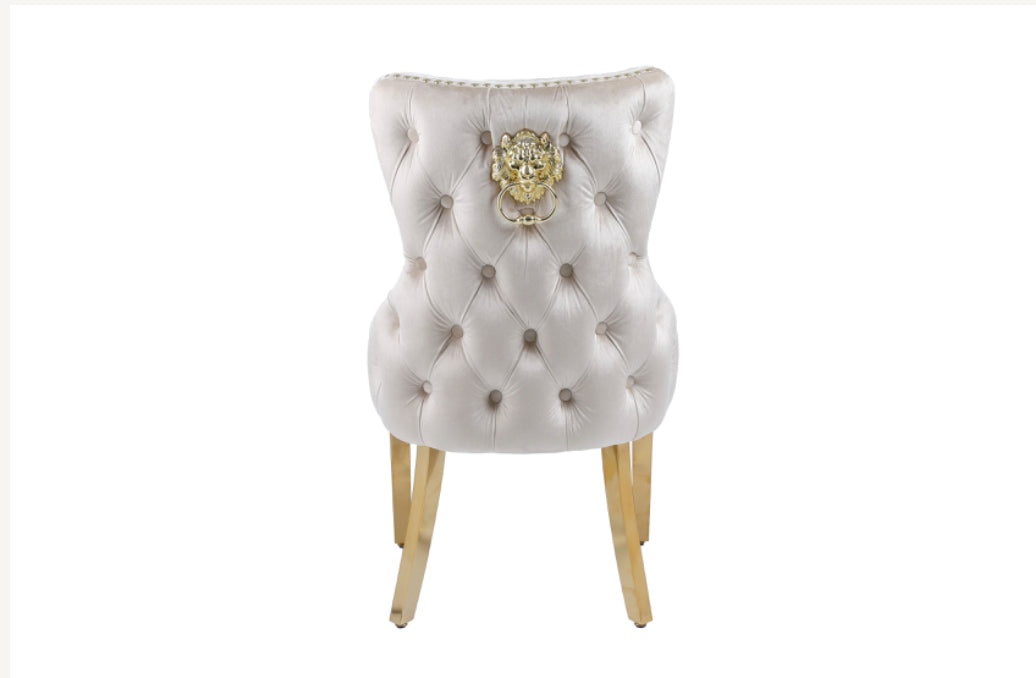 Arianna Gold Marble Dining Table + Victoria Cream and Gold Chairs Lion Knocker