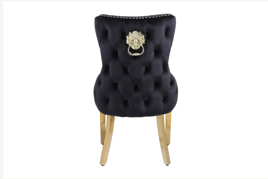 Arianna Gold Marble Dining Table + Victoria Cream and Gold Chairs Lion Knocker