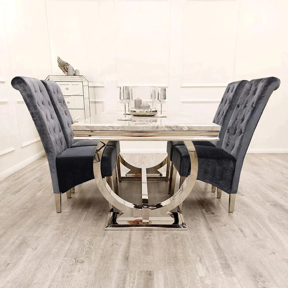Arianna Marble & Chrome Dining Table with Lucy Slim Quilted Lion Knocker Velvet Dining Chairs – Luxury Dining Set