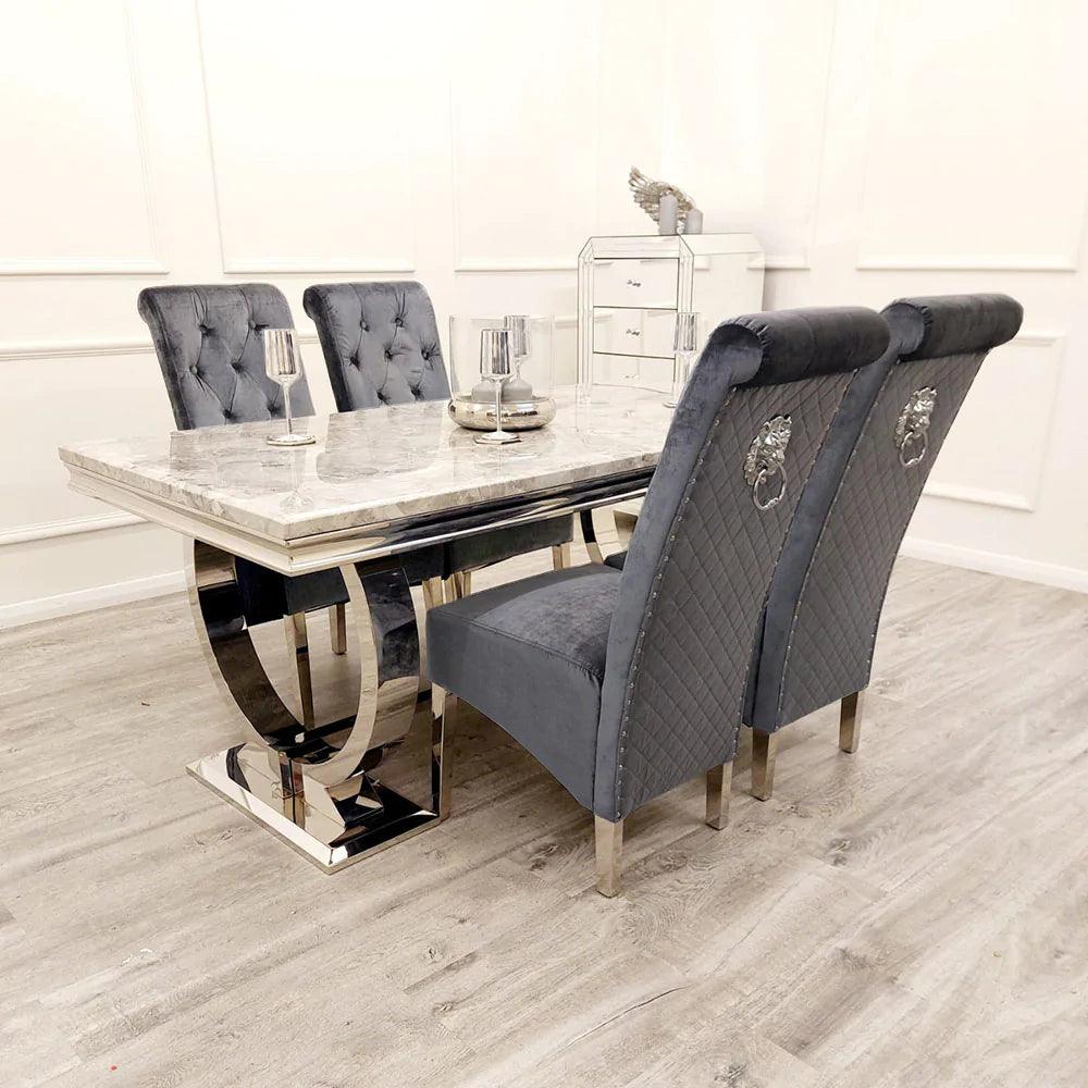 Arianna Marble & Chrome Dining Table with Lucy Slim Quilted Lion Knocker Velvet Dining Chairs – Luxury Dining Set
