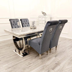 Arianna Marble & Chrome Dining Table with Lucy Slim Quilted Lion Knocker Velvet Dining Chairs – Luxury Dining Set