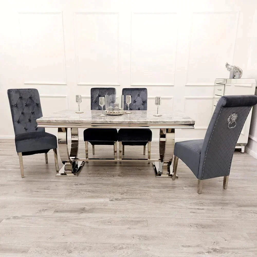 Arianna Marble & Chrome Dining Table with Lucy Slim Quilted Lion Knocker Velvet Dining Chairs – Luxury Dining Set