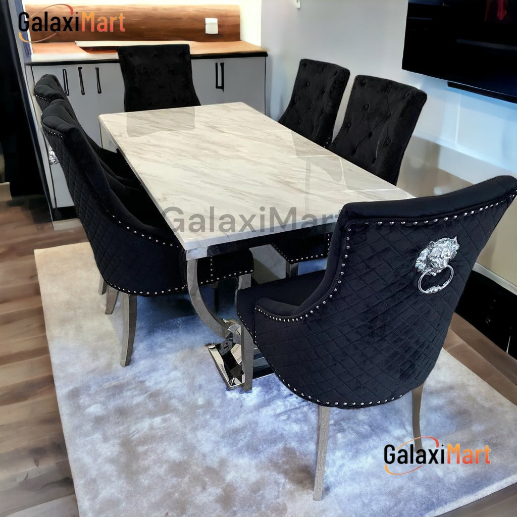 Ariaana 150cm + 180cm + 200cm White Marble Dining Table With Majestic Lion Knocker Black Velvet Dining Chairs