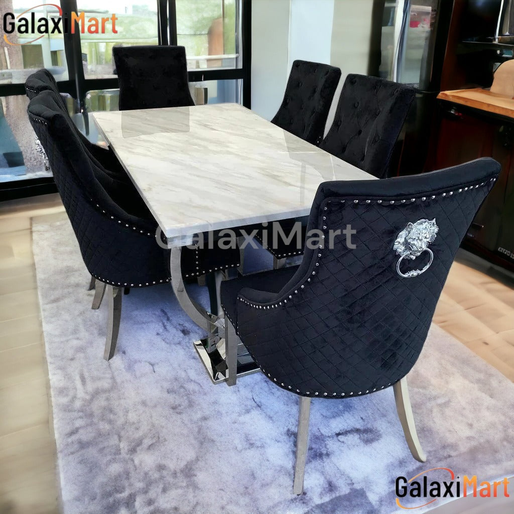 Ariaana 150cm + 180cm + 200cm White Marble Dining Table With Majestic Lion Knocker Black Velvet Dining Chairs